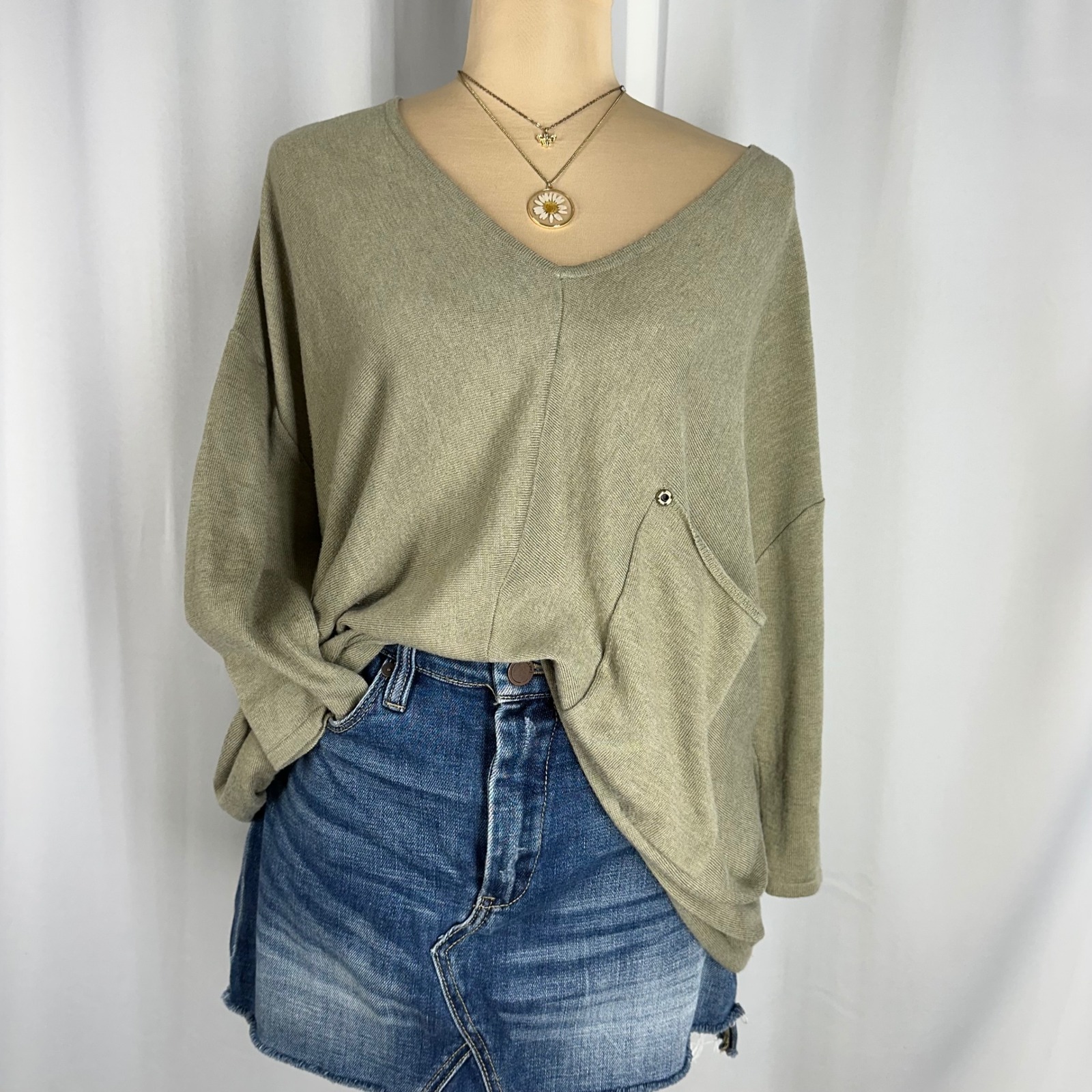 Kerisma S/M Washed Olive Sage Green Oversized Tunic Sweater Pocket Knit Top